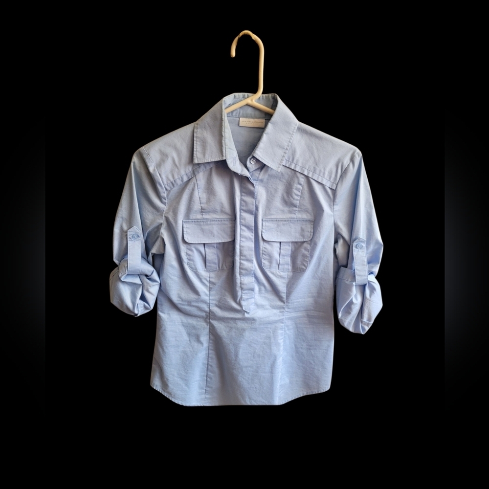 New York & Company Womens Button Down Shirt, Quarter Sleeve, Light Blue Sz XS
